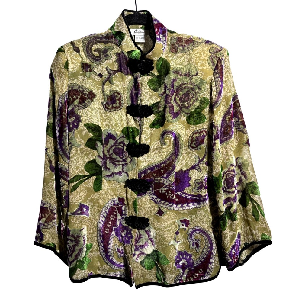 VTG Aris A Paisley Floral Velvet Burnout Top Mandarin Collar Sheer Blouse‎ S SEE